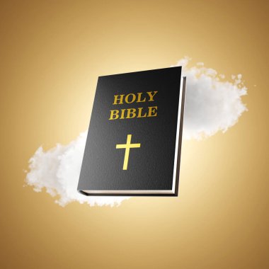 Kahverengi arka planda bulut olan kutsal İncil kitabı. 3d oluşturma