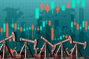 Finansal grafikleri ve dünya haritası olan petrol pompaları. 3d oluşturma