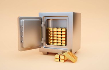 Bej kaplamalı altın külçeli çelik kasa. 3d oluşturma