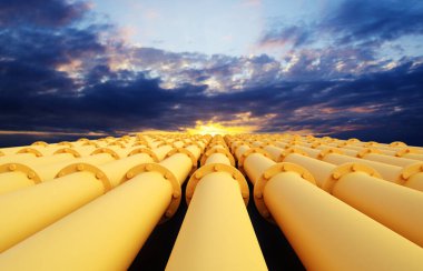 Günbatımı gökyüzüne doğru ilerleyen borular. Yakıt endüstrisi ulaşım hattı bağlantısı. 3d oluşturma