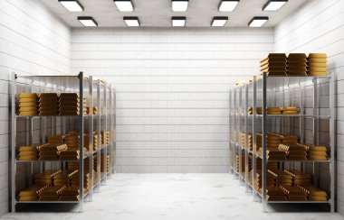 Altın külçeleri deponun raflarında. Altın konseptine yatırım. 3d oluşturma