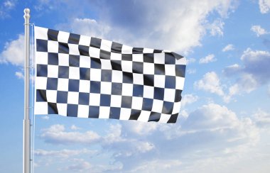 Bulutlu gökyüzüne karşı rüzgarda dalgalanan kareli bayrak. Toplanma konsepti