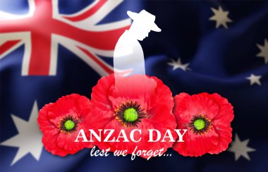 Avustralya bayrağının arka planında Haşhaş çiçekleri taşıyan asker silueti. Gelincik Günü, Anzak Günü konsepti. Unutmayalım.