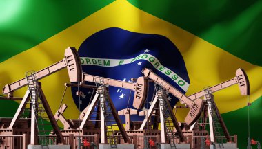 Brezilya bayrağının arka planında petrol pompaları var. Petrol endüstrisi konsepti. 3d oluşturma