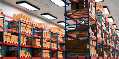 Raflar karton kutularla dolu bir mağaza. Lojistik ve depolama konsepti. 3d oluşturma