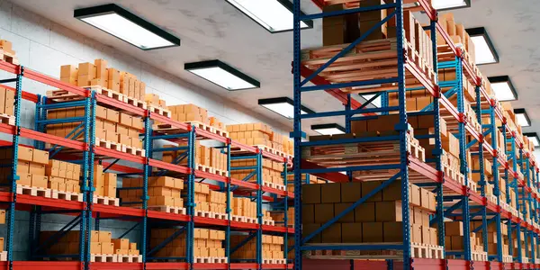 Raflar karton kutularla dolu bir mağaza. Lojistik ve depolama konsepti. 3d oluşturma