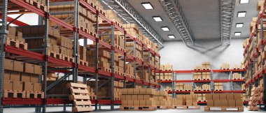 Raflar karton kutularla dolu bir mağaza. Lojistik ve depolama konsepti. 3d oluşturma