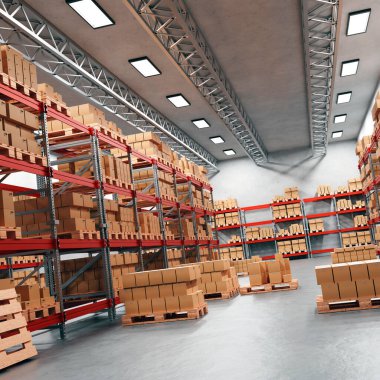 Raflar karton kutularla dolu bir mağaza. Lojistik ve depolama konsepti. 3d oluşturma