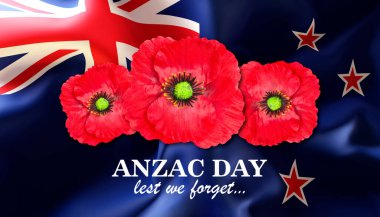 Yeni Zelanda bayrağının arka planında haşhaş çiçekleri. Anzak Günü konsepti. Unutmayalım.