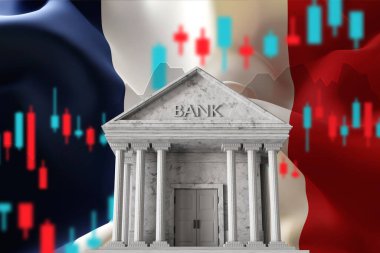 Stok grafiğiyle Fransa 'nın banka binası ve bayrağı. Fransız Cumhuriyeti 'nin bankacılık sistemi. 3d oluşturma