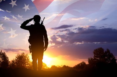 Gün batımına karşı Amerikan bayrağı taşıyan bir askerin silueti. Anma Günü, Gaziler Günü