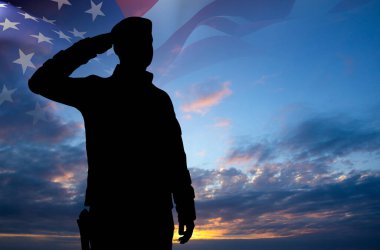 Gün batımına karşı Amerikan bayrağı taşıyan bir askerin silueti. Anma Günü, Gaziler Günü