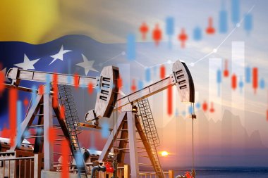 Petrol pompaları günbatımına karşı finansal grafikler ve Venezuela bayrağıyla. Enerji kaynaklarındaki dalgalanmalar ve çizelgeler. Petrol endüstrisi konsepti. 3d oluşturma