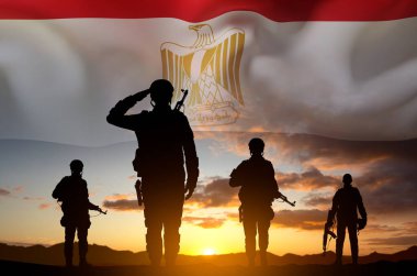 Gün batımına karşı Mısır bayrağı taşıyan asker siluetleri. Ulusal Tatil Konsepti