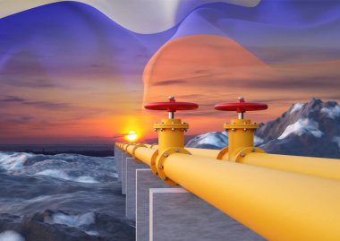 Gün batımına karşı Rusya Federasyonu bayrağı taşıyan boru hattı. Rus Federasyonu 'ndan gaz ithali. 3d oluşturma