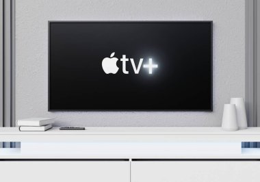 Apple TV artı TV ekranında logo. Astana, Kazakistan - Nisan 2025