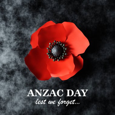 Siyah desenli arka planda haşhaş çiçeği. Anzak günü için haşhaş çiçeği. 3d oluşturma