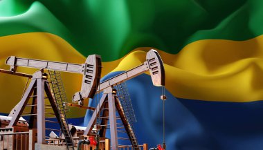 Gabon bayrağının arka planında petrol pompaları var. Petrol endüstrisi konsepti. 3d oluşturma