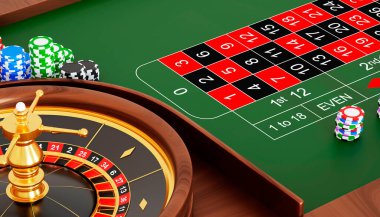 Top ve poker fişleri ile kumarhane ruleti. 3d oluşturma