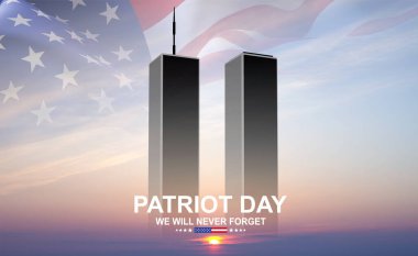 ABD bayraklı İkiz Kuleler silueti. 11 Eylül 2001. Vatanseverlik Günü. Asla unutmayacağız.