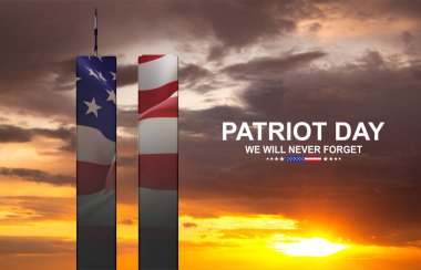 ABD bayraklı İkiz Kuleler silueti. 11 Eylül 2001. Vatanseverlik Günü. Asla unutmayacağız.