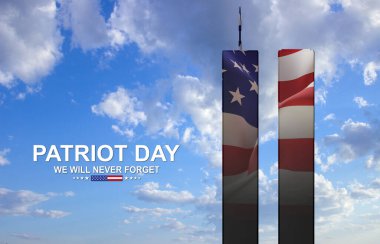 ABD bayraklı İkiz Kuleler silueti. 11 Eylül 2001. Amerikan Vatanseverlik Günü afişi. Asla unutmayacağız.