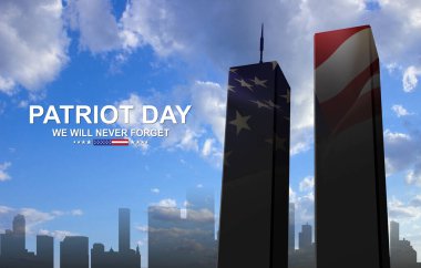 ABD bayraklı İkiz Kuleler silueti. 11 Eylül 2001. Amerikan Vatanseverlik Günü afişi. Asla unutmayacağız.