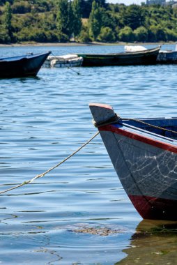 Golfo de Ancud 'daki balıkçı tekneleri - Şili' nin Göl Bölgesi 'ndeki Castro Körfezi, Chilo Adası. 16 Şubat 2014 - Castro, Şili, Güney Amerika