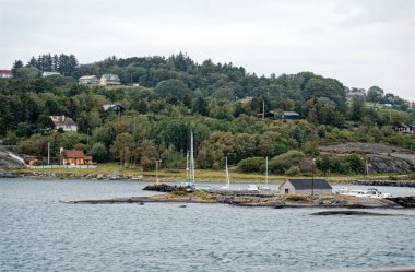 Kıyı şeridi ve fiyortlar boyunca güzel bir yaz manzarası. Lysefjord, Stavanger, Rogaland ilçesine yakın, Norveç.