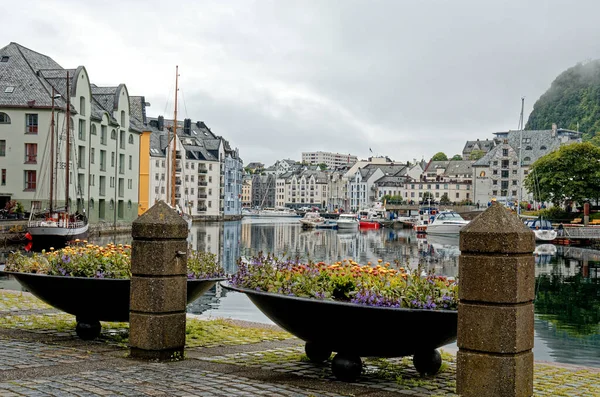 Travel destination Norway - Art nouveau houses in the wonderful town Alesund, Norway at the Norwegian Sea. 19th of July 2012