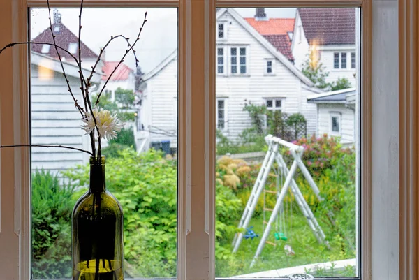 Fiori Vaso Finestra Casa Una Giornata Nuvolosa Piovosa Bergen Norvegia — Foto Stock