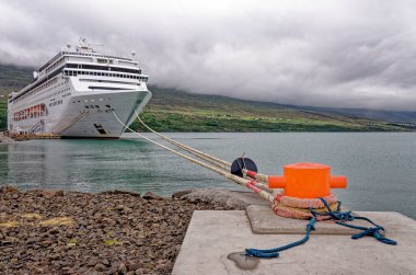 İzlanda 'ya seyahat rotası: MSC Lirica Cruise gemisi Akureyri, İzlanda. 20 Temmuz 2012