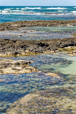 The Playa de los Charcos plajının doğal gelgit havuzlarının havadan görünüşü - Los Laguitos Sahili 'nin doğal havuzları ya da İspanya, Fuerteventura, Kanarya Adaları' ndaki Los Charcos. 24.09.2023