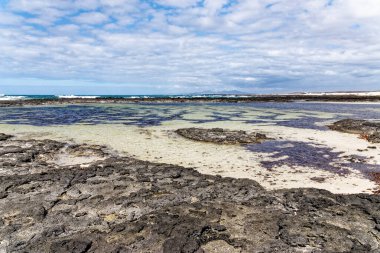 Playa de los Charcos plajının doğal gelgit havuzları - Los Laguitos Sahili 'nin doğal havuzları ya da İspanya' nın Fuerteventura, Kanarya Adaları 'ndaki Los Charcos. 24.09.2023