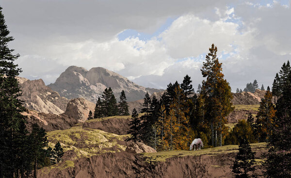 Белый дикий конь, пасущийся в хребте Скалистых гор Монтаны.