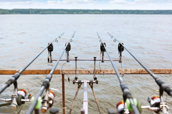 Τέσσερις Ρίχνονται Καλάμια Ψαρέματος Εξοπλισμένο Fishing Bite Alarm — Φωτογραφία Αρχείου