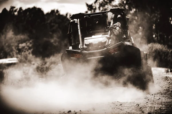 Rear View Buggy Quickly Passing Country Road Clouds Dust — Stock Photo, Image