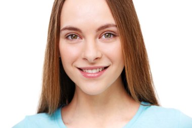Beautiful happy young woman portrait isolated on white background.