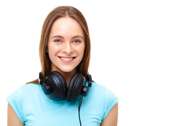 Portrait Young Woman Headphones Her Neck Isolated White Background — Φωτογραφία Αρχείου