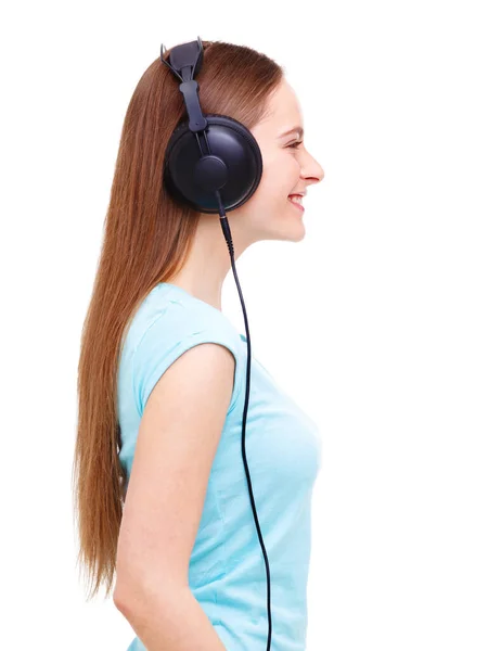 Προφίλ Της Νεαρής Γυναίκας Ακουστικά Ακούγοντας Μουσική Απομονωμένη Λευκό Φόντο — Φωτογραφία Αρχείου