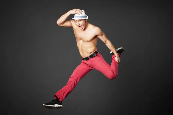 Young Male Professional Dancer Jumping Studio Isolated Gray Background — Foto Stock