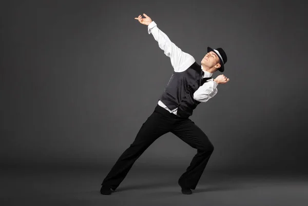 Confident Young Man Dancing Gangster Style Suite Studio Shot Isolated — Fotografie, imagine de stoc