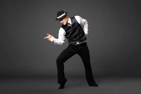 Confident Young Man Dancing Gangster Style Suite Studio Shot Isolated Imagens De Bancos De Imagens
