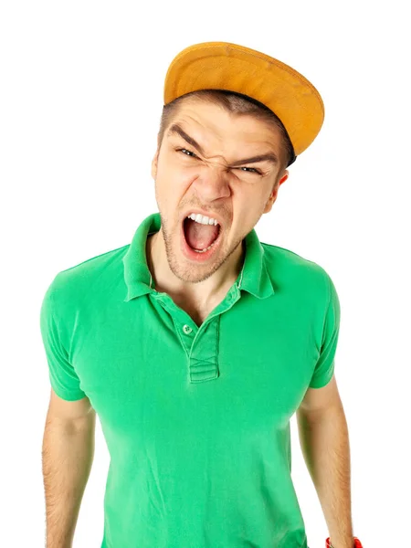 Studio Portrait Screaming Young Guy Studio Wide Angle Lens Effect — 스톡 사진
