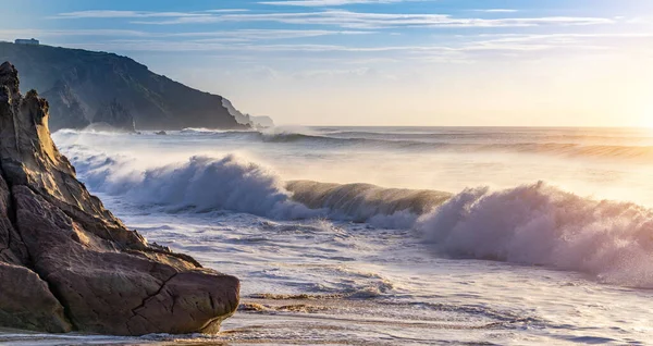 Close Shot Waves Hitting Coastline Portugal Beach Calm Orange Sunset — Stockfoto