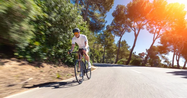 Man Adult Racing Bike Climbing Hill Mediterranean Sea Landscape Coastal — Stock Photo, Image
