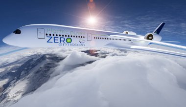 Elektrik enerjili ticari uçak gökyüzünde uçuyor. Gelecekteki elektro enerji havacılık konsepti. 3d oluşturma