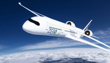 Elektrik enerjili ticari uçak gökyüzünde uçuyor. Gelecekteki elektro enerji havacılık konsepti. 3d oluşturma