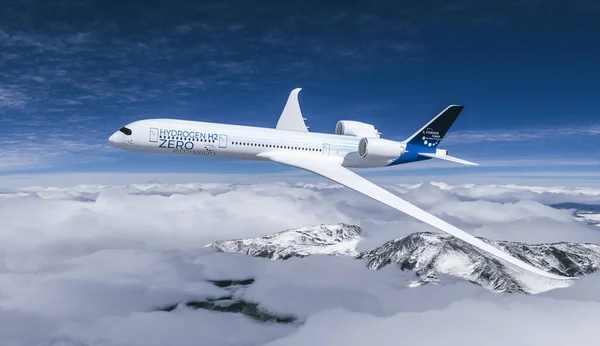 stock image Hydrogen filled H2 Airplane flying in the sky - future H2 energy concept. 3d rendering