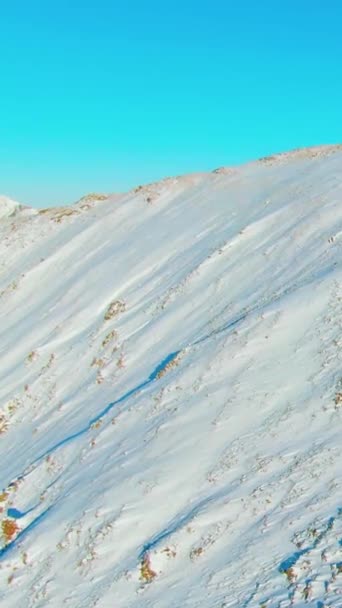 静かな田舎の山の風景 雪に覆われた山頂 晴れた午後のオーストリアアルプスでのスキーリゾートの風景を撮影した空中ヘリコプター バーティカルビデオ — ストック動画